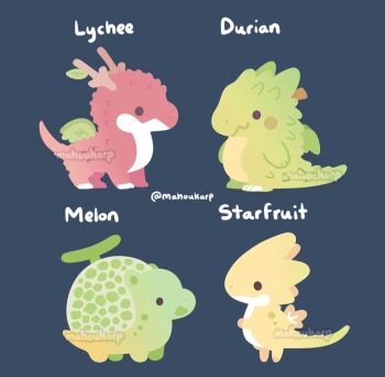 Rule 34 | :d, animal, animal focus, artist name, blue background, blush stickers, commentary, dragon, durian, english commentary, english text, food, food-themed creature, from side, fruit, horns, leaf, lychee, mahoukarp, melon, no humans, open mouth, original, simple background, smile, starfruit, twitter username, watermark