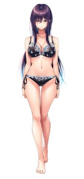 1girl amakano_2 arms_at_sides bare_arms bare_legs bare_shoulders barefoot black_bra black_panties blush bra breasts cleavage closed_mouth collarbone full_body green_eyes groin hair_between_eyes half-closed_eyes himiyama_rei large_breasts legs lingerie long_hair long_sidelocks looking_at_viewer navel official_art panties piromizu purple_hair sidelocks simple_background solo standing stomach tachi-e thighs underwear variant_set white_background