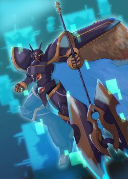 Rule 34 | absurdres, alphamon, alphamon ouryuuken, armor, black armor, black helmet, blue background, crawise28, digimon, digimon (creature), feathered wings, forehead jewel, full body, glowing, glowing eyes, helmet, highres, knight, wings, yellow eyes