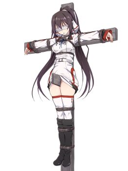 Rule 34 | 1girl, absurdres, bdsm, black boots, black shoes, blindfold, bondage, boots, bound, breasts, brown hair, clenched teeth, commentary request, commission, crucifixion, gn-000, highres, infinite stratos, infinite stratos academy school uniform, large breasts, long hair, restrained, school uniform, shinonono houki, shirt, shoes, skeb commission, tearing up, teeth, thighhighs, twintails, white shirt, white thighhighs
