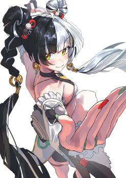 1girl absurdres ahoge aqua_nails bare_shoulders black_hair black_shorts blush braid braided_twintails breasts china_dress chinese_clothes closed_mouth commentary_request corded_phone cowboy_shot detached_sleeves dialyn_(zenless_zone_zero) dress earrings from_side hair_extensions hair_intakes hair_ornament hands_up highres jewelry long_hair looking_back looking_to_the_side medium_breasts multicolored_hair multicolored_nails necktie panda_hair_ornament phone red_nails ring_hair_extensions shorts shoulder_blades simple_background smile solo split-color_hair standing standing_on_one_leg thighhighs tora_(kumo_sakamoto) white_background white_hair white_thighhighs wire yellow_eyes yellow_necktie zenless_zone_zero