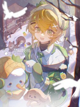 Rule 34 | 1boy, :d, absurdres, animal, blonde hair, collared shirt, day, dog, double-parted bangs, green eyes, green jacket, green necktie, hair between eyes, hair ornament, hairclip, highres, jacket, long sleeves, male focus, necktie, off shoulder, open clothes, open jacket, open mouth, original, outdoors, parallel hairclips, senzhongxun, shirt, short hair, smile, snow, snowman, solo, squirrel, upper body, watermark, white shirt, winter, x hair ornament