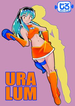1girl boots breasts cosplay gloves green_hair gun handgun highres holding holding_microphone horns jirohhb looking_at_viewer lum medium_breasts microphone midriff navel oni orange_boots orange_gloves orange_skirt skirt smile solo space_channel_5 ulala urusei_yatsura weapon yellow_eyes