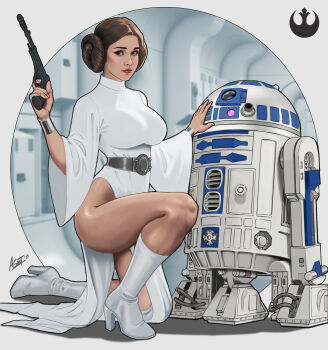 1girl anwar_gant astromech_droid boots breasts brown_eyes brown_hair commentary double_bun dress english_commentary gun hair_bun high_heel_boots high_heels highres hip_bones holding holding_gun holding_weapon large_breasts looking_at_viewer on_one_knee princess_leia r2-d2 robot side_slit signature star_wars star_wars:_a_new_hope weapon white_boots white_dress