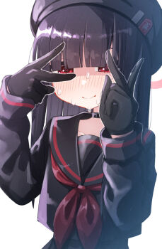1girl beret black_choker black_gloves black_hair black_hat black_serafuku blue_archive blunt_bangs choker commentary_request double_v gloves hat highres justice_task_force_member_(blue_archive) long_sleeves looking_at_viewer minto_yupo neckerchief nervous_smile nervous_sweating red_eyes red_neckerchief school_uniform serafuku simple_background smile solo sweat v v_over_eye white_background