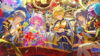 2boys 2girls absurdres aglaea_(honkai:_star_rail) alternate_costume anaxa_(honkai:_star_rail) balloon black_gloves black_jacket black_pants blonde_hair blurry blurry_background bubbles_(honkai:_star_rail) caelus_(honkai:_star_rail) cake camera castorice_(honkai:_star_rail) cerydra_(honkai:_star_rail) character_balloon character_cake cipher_(honkai:_star_rail) closed_eyes commentary cyrene_(demiurge)_(honkai:_star_rail) cyrene_(honkai:_star_rail) dromas_(honkai:_star_rail) dual_persona english_commentary fingerless_gloves food gloves grey_hair grin guest_art hair_between_eyes hair_ornament hand_to_own_mouth highres holding holding_camera holding_food holding_party_popper holding_spoon honkai:_star_rail honkai_(series) hyacine_(honkai:_star_rail) jacket jacket_on_shoulders jewelry little_ica_(honkai:_star_rail) long_hair long_sleeves multiple_boys multiple_girls mydei_(honkai:_star_rail) nail_polish pants parted_lips partially_fingerless_gloves party_popper phainon_(honkai:_star_rail) phainon_(khaslana)_(honkai:_star_rail) pink_hair pink_nails pointy_ears pudding ring second-party_source shirt short_hair sitting smile spoon stelle_(honkai:_star_rail) streamers stuffed_toy table tiered_tray tomanattsu trailblazer_(honkai:_star_rail) trianne_(honkai:_star_rail) tribbie_(honkai:_star_rail) trinnon_(honkai:_star_rail) white_jacket white_shirt yellow_eyes