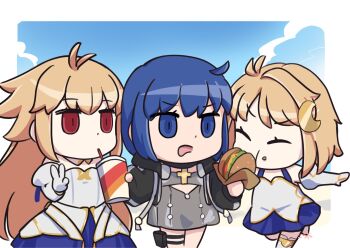 3girls ahoge angry annoyed archetype_earth arcueid_brunestud bare_shoulders black_jacket blonde_hair blue_eyes blue_hair burger c.i.e.l_(fate) mysterious_executor_c.i.e.l_(fate) chibi ciel_(tsukihime) crescent crescent_hair_ornament cross cross_necklace cup detached_sleeves dress drinking_straw drinking_straw_in_mouth dual_persona eating expressionless fate/grand_order fate_(series) food gold_trim hair_ornament highres holding holding_cup jacket jewelry kouta_(kesigomutopen) long_hair magical_girl multiple_girls necklace open_mouth phantas-moon red_eyes riyo_(lyomsnpmp)_(style) swimsuit tsukihime tsukihime_(remake) v vampire very_long_hair white_dress