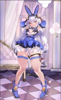 1girl absurdres animal_ears arms_up bare_shoulders blue_dress blush boots breasts cleavage_cutout clothing_cutout detached_sleeves dress fake_animal_ears fate/grand_order fate_(series) fishnet_thighhighs fishnets forked_eyebrows full_body high_heel_boots high_heels highres klash long_hair looking_at_viewer melusine_(fate) rabbit_ears short_dress sidelocks small_breasts smile solo thighhighs white_hair yellow_eyes
