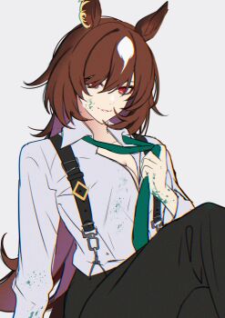1girl absurdres animal_ears black_choker black_pants breasts brown_hair choker cleavage clothes_grab commentary_request green_necktie hair_between_eyes higeji_(higeji404) highres horse_ears horse_girl horse_tail large_breasts long_hair looking_at_viewer necktie necktie_grab neckwear_grab pants red_eyes shirt simple_background sirius_symboli_(feroce)_(umamusume) sirius_symboli_(umamusume) smile solo suspender_pants tail umamusume upper_body white_background white_shirt