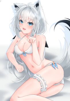 Rule 34 | 1girl, :d, absurdres, animal ears, bikini, blue eyes, breasts, fang, fox ears, fox girl, fox tail, frilled thigh strap, highres, hololive, long hair, looking at viewer, lying, medium breasts, navel, on side, open mouth, paw pose, shirakami fubuki, skin fang, smile, st-147, stomach, swimsuit, tail, thigh strap, virtual youtuber, white bikini, white hair