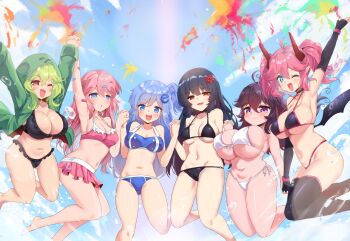 Rule 34 | 6+girls, ;d, absurdres, ahoge, arm up, arms up, bianca abercrombie, bikini, bikini skirt, black bikini, black choker, black gloves, black hair, black thighhighs, black wings, blue bikini, blue eyes, blue hair, blue sky, blush, breasts, brown eyes, brown hair, character request, choker, cleavage, clinic of horrors, closed mouth, commentary, copyright request, crawling dreams, creeper, crossover, demon girl, demon horns, demon wings, elbow gloves, fang, feet out of frame, fingerless gloves, flower, front-tie bikini top, front-tie top, gloves, green hair, green hoodie, hair between eyes, hair flower, hair ornament, hairclip, highres, holding hands, hood, hoodie, horns, internet explorer, internet explorer (merryweather), internet explorer (webcomic), jumping, large breasts, long hair, long sleeves, looking at viewer, medium breasts, minecraft, multiple girls, navel, nyarla (osiimi), official art, one eye closed, open clothes, open hoodie, open mouth, parted lips, pink bikini, pink hair, purple eyes, rayno, red flower, side-tie bikini bottom, sky, smile, strap gap, swimsuit, teeth, thighhighs, twintails, upper teeth only, water, white bikini, wings