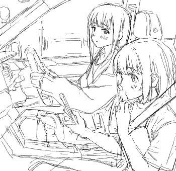 2girls blush car_interior cellphone closed_mouth driving gujou_kanade holding holding_phone kamiina_botan_yoeru_sugata_wa_yuri_no_hana long_hair multiple_girls nazo_no_anime-dan phone seatbelt short_hair smartphone steering_wheel tonami_ibuki