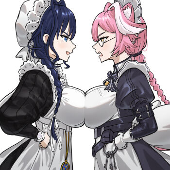 2girls absurdres alternate_costume animal_ears apron bing_huyue black_dress blue_eyes blue_hair braid breast_press breasts dress enmaided from_behind glasses gloves hat highres hololive hololive_english key keyring large_breasts maid maid_apron maid_headdress mob_cap multiple_girls official_alternate_costume official_alternate_hairstyle open_mouth ouro_kronii ouro_kronii_(maid) panther_ears panther_girl panther_tail pink_hair pocket_watch raora_panthera single_braid symmetrical_docking tail twin_braids virtual_youtuber watch white_apron white_gloves yellow_eyes