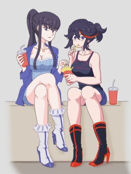 2girls adapted_costume black_hair blue_eyes boots breasts cleavage commentary crossed_legs cup disposable_cup eating english_commentary fast_food food french_fries full_body holding holding_food jewelry kill_la_kill kiryuuin_satsuki looking_at_viewer matoi_ryuuko multicolored_hair multiple_girls necklace ponytail revealing_clothes sharing siblings sisters sitting streaked_hair thick_eyebrows thigh_boots tomboy two-tone_hair yui_(jisatsu)