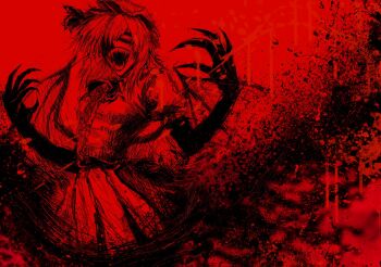 1girl 320tbsyc ascot bat_wings black_hands collared_shirt colored_extremities commentary_request fangs hair_over_one_eye hat highres horror_(theme) mob_cap monochrome open_mouth puffy_short_sleeves puffy_sleeves red_background red_eyes red_theme remilia_scarlet shirt short_hair short_sleeves solo touhou wings