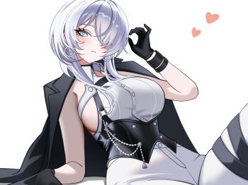 1girl black_corset black_gloves blue_eyes brid_(nikke) brid_(silent_track)_(nikke) chest_harness commentary corset english_commentary gloves goddess_of_victory:_nikke hair_over_one_eye harness heart highres jacket jacket_on_shoulders official_alternate_costume one_eye_covered pants sideless_shirt simple_background solo tight_clothes tight_pants velmillix white_background white_hair white_pants
