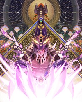 1boy ancient_egyptian_clothes animal_ears animal_hat clawed_gauntlets closed_mouth cowboy_shot cyno_(genshin_impact) daniel_deng dark-skinned_male dark_skin egyptian_art genshin_impact glowing glowing_eyes hair_over_one_eye hat highres jackal_ears long_hair looking_at_viewer male_focus red_eyes solo toned toned_male white_hair