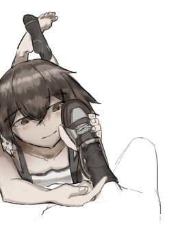 1girl absurdres arknights barefoot brown_hair feet highres lying medium_hair on_stomach operatorut plume_(arknights) shoejob shoes sock_on_penis sockjob socks soles toes unworn_shoes unworn_socks yellow_eyes