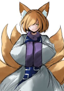 1girl animal_ear_fluff animal_ears blonde_hair blue_tabard bob_cut closed_mouth collar commentary_request dress floating_clothes fox_ears fox_girl fox_tail hair_over_one_eye hands_in_opposite_sleeves highres long_sleeves looking_at_viewer multiple_tails no_headwear purple_collar purple_trim short_hair simple_background smile solo split_mouth sunaguma swept_bangs tabard tail touhou upper_body v-shaped_eyebrows white_background white_dress wide_sleeves yakumo_ran yellow_eyes