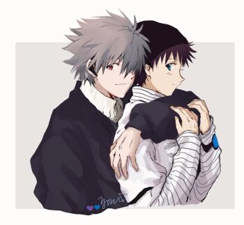 Rule 34 | 2boys, arm around shoulder, beanie, black hair, blue eyes, border, commentary request, cropped torso, grey hair, hat, heart, highres, hug, hug from behind, ikari shinji, light blush, long sleeves, male focus, multiple boys, nagisa kaworu, neon genesis evangelion, outside border, red eyes, shirt, short hair, signature, striped sleeves, upper body, white border, white shirt, yorumi1117
