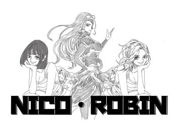 1girl backpack bag character_name commentary_request cropped_jacket eyelashes eyewear_on_head greyscale hand_on_own_hip head_rest high_collar highres long_hair medium_hair monochrome multiple_views nico_robin one_piece op_mukimuki ponytail sarong sidelocks smile solo