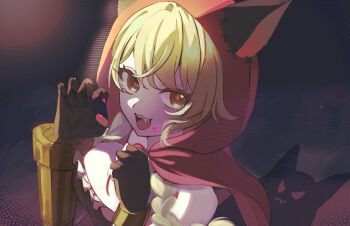 1girl 8prix_x :d alternate_costume bare_shoulders blonde_hair breasts brown_eyes cape claw_pose commentary_request fang frills genshin_impact highres hood hooded_cape jahoda_(genshin_impact) looking_at_viewer open_mouth red_cape shadow smile solo star-shaped_pupils star_(symbol) strapless symbol-shaped_pupils upper_body