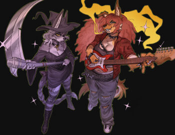 2girls animal_ear_piercing animal_ears belt big_hair black_background black_belt black_boots black_bow black_choker black_collar black_corset black_dress black_hat black_nails black_shoes black_tank_top boots bow bracelet braided_tail breasts choker cigarette claws cleavage collar commentary corset couple cross cross_choker curly_hair dress english_commentary face_piercing fisheye flannel foreshortening fox_ears fox_girl from_above full_body furry furry_female furry_with_furry garter_straps goth_fashion grey_fur grey_hair grey_pants grey_thighhighs grin guitar hat highres holding holding_guitar holding_instrument holding_scythe instrument jewelry large_breasts long_hair long_sleeves looking_at_viewer magna_(wolfertinger666) midriff multiple_girls navel nose_piercing nose_ring open_clothes open_shirt orange_fur original pants perspective piercing plaid_clothes plaid_shirt plump punk red_hair red_shirt rosary scythe sharp_teeth shirt shoes short_hair sleeves_rolled_up small_breasts smile smoking sneakers sparkle spiked_bracelet spiked_collar spikes standing sticker striped_clothes striped_thighhighs tail tammy_(wolfertinger666) tank_top teeth thighhighs torn_clothes torn_pants transgender_flag witch_hat wolf_ears wolf_girl wolf_tail wolfertinger666 yellow_eyes yuri zettai_ryouiki