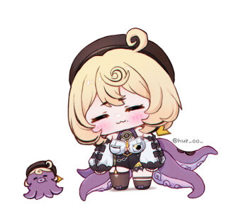 1boy :3 asymmetrical_legwear black_shorts blonde_hair blush brown_hat chibi chibi_only closed_eyes closed_mouth commentary full_body hat hue_oo long_sleeves mole mole_under_mouth octopus shirt short_hair shorts simple_background single_sock single_thighhigh socks solo standing symbol-only_commentary tentacle_girl tentacle_tail thighhighs uneven_legwear white_background white_shirt yidhari_murphy zenless_zone_zero