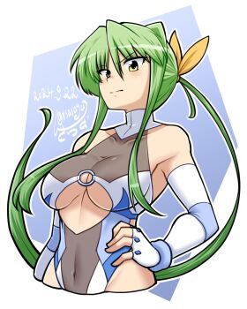 breasts cleavage_cutout clothing_cutout dated elbow_gloves fingerless_gloves gloves green_hair hair_ribbon highres leotard long_hair looking_at_viewer medium_breasts multicolored_leotard ponytail ribbon sakasa_gurasan sakurai_chisato see-through_clothes see-through_leotard thighhighs twitter_username two-tone_leotard upper_body very_long_hair white_leotard wrestle_angels wrestle_angels_survivor wrestle_angels_survivor_2 wrestler wrestling_outfit yellow_eyes