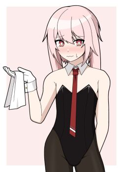 1boy alternate_costume animal_ears ansel_(arknights) arknights bare_shoulders black_leotard blush crossdressing crossdressing_(mtf) detached_collar dr_bulkman floppy_ears gloves leotard looking_at_viewer lop_rabbit_ears male_focus necktie pantyhose pink_hair playboy_bunny rabbit_boy rabbit_ears red_eyes red_necktie simple_background solo strapless strapless_leotard white_gloves wrist_cuffs