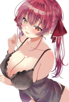 1girl bare_shoulders black_bra black_panties blush bra breasts cleavage collarbone commentary_request covered_erect_nipples grey_sweater hair_between_eyes hair_ribbon hand_up heterochromia highres hololive houshou_marine large_breasts lingerie long_hair long_sleeves looking_at_viewer navel off_shoulder panties parted_lips red_eyes red_hair ribbon rota_kokko sidelocks simple_background smile solo standing sweater thighs twintails underwear virtual_youtuber white_background yellow_eyes