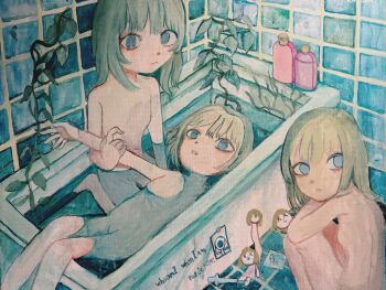 3girls absurdres bathing bathtub blue_eyes commentary completely_nude highres indoors kapura looking_at_viewer lying multiple_girls nude original partially_submerged plant same-sex_bathing shampoo_bottle shared_bathing sitting squatting tile_wall tiles traditional_media vines water