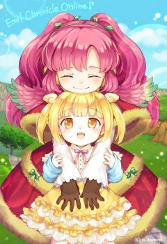 Rule 34 | 2girls, ^ ^, age difference, bird girl, blonde hair, blue shirt, blue sky, brown gloves, capelet, closed eyes, cococco alma, copyright name, dress, emil chronicle online, frilled skirt, frills, fur dress, gloves, gradient wings, green wings, hug, hug from behind, iris anemone, kokko alma, long hair, meadow, multicolored wings, multiple girls, pink hair, pink ribbon, purple wings, red dress, ribbon, shirt, short twintails, skirt, sky, smile, twintails, white capelet, wings, yellow eyes, yellow skirt