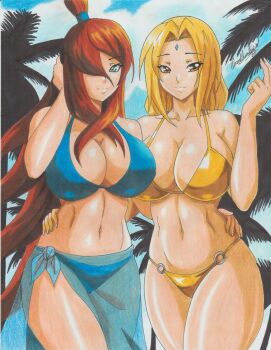 2girls absurdres alternate_costume bikini blonde_hair blue_bikini blue_eyes blue_santa_costume blue_sky breasts brown_eyes brown_hair cleavage cloud day facial_mark forehead_mark gold_bikini hair_over_one_eye highres large_breasts limited_palette long_hair looking_at_viewer multiple_girls naruto_(series) navel outdoors ravernclouk santa_costume sarong see-through_clothes see-through_sarong sky swimsuit terumi_mei traditional_media tsunade_(naruto)