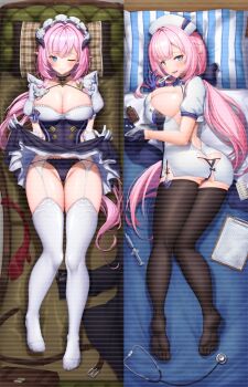 1girl ass ass_cutout belt black_thighhighs bolatu_zhi_ji breasts butt_crack censored clipboard clothing_cutout dakimakura_(medium) elysia_(honkai_impact) garter_straps gloves heart_cutout highres honkai_(series) honkai_impact_3rd large_breasts long_hair looking_at_viewer looking_back maid maid_headdress nurse one_eye_closed open_mouth panties pillow pink_hair saliva skirt stethoscope thermometer thighhighs underwear watermark white_thighhighs