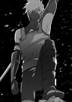 Rule 34 | 1boy, arm guards, armpits, commentary request, elbow gloves, gloves, goma1132, greyscale, hair over one eye, hatake kakashi, highres, holding, holding behind back, holding sword, holding sword behind back, holding weapon, holding weapon behind back, konohagakure anbu uniform, looking at viewer, male focus, mask, monochrome, mouth mask, naruto (series), open-toe shoes, red eyes, scar, scar across eye, scar on face, sharingan, short hair, solo, spot color, sword, weapon