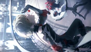 1boy androgynous aqua_eyes ascot backless_outfit backless_shirt backlighting balcony black_nails black_pants black_shirt black_theme blonde_hair blouse blurry blurry_background boots bouquet carpet chandelier cherry choppy_bangs colorful_palette cup dutch_angle earrings fingernails flower food frilled_sleeves frills fruit goth_fashion grey_theme hair_between_eyes hair_over_one_eye half-closed_eyes head_back highres holding holding_food holding_fruit imminent_bite indoors jewelry kagamine_len knee_boots kono_hito_hari_ni_omoi_wo_komeru_(project_sekai) lace lace_trim light_particles limited_palette liquid long_sleeves male_focus mansion more_more_jump!_len multicolored_boots muted_color official_alternate_costume official_alternate_hairstyle official_art on_railing open_mouth pants petals profile project_sekai railing red_ascot red_boots red_flower red_rose red_theme rose rose_petals shadow shirt shoulder_blades silver_trim single_sidelock sitting sunlight table tablecloth third-party_source triangle_earrings two-tone_boots vase vocaloid window