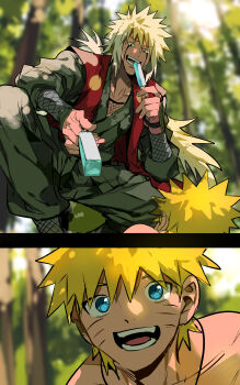 2boys absurdres blonde_hair blue_eyes commentary facial_mark food forest highres holding holding_food holding_popsicle jewelry jiraiya_(naruto) long_hair male_focus multiple_boys naruto_(series) nature necklace open_mouth outdoors popsicle spiked_hair symbol-only_commentary uzumaki_naruto whisker_markings white_hair xi_luo_an_ya