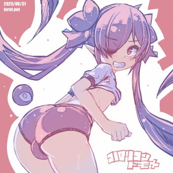 1girl ass backbeako_(torotei) backbeard black_hair black_ribbon blush breasts buruma clenched_teeth commentary_request dated dated_commentary eyes_visible_through_hair from_behind gegege_no_kitarou gym_shirt gym_uniform hair_over_one_eye hair_ribbon kono_lolicon_domome leaning_forward long_hair looking_at_viewer looking_back one_eye_closed original paid_reward_available pointy_ears red_background red_eyes ribbon shirt short_sleeves simple_background small_breasts solo sweat teeth torotei translated twintails two-tone_background underboob very_long_hair watermark web_address white_background white_shirt wide_hips