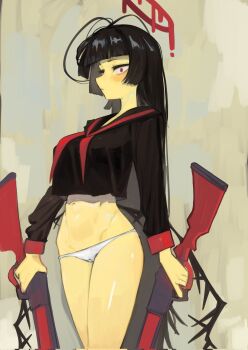 1girl black_hair black_serafuku blood blood_halo blue_archive breasts cameltoe dual_wielding go_d_e gun halo highres holding large_breasts liquid_halo long_hair low_wings navel neckerchief panties red_eyes red_neckerchief school_uniform serafuku shotgun solo tsurugi_(blue_archive) underwear very_long_hair weapon white_panties wings