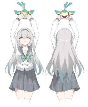 1girl absurdres animal aqua_bow aqua_bowtie aqua_hair arms_up bird black_hair bow bowtie buttons closed_mouth commentary cropped_legs double-breasted english_commentary firefly_(birefly)_(honkai:_star_rail) firefly_(honkai:_star_rail) firefly_(spring_missive)_(honkai:_star_rail) front_and_back frown gradient_hair grey_hair grey_sailor_collar grey_skirt hair_between_eyes highres holding holding_animal holding_bird honkai:_star_rail honkai_(series) long_hair long_sleeves looking_up multicolored_hair multiple_views nicel official_alternate_costume origami_bird_(honkai:_star_rail) plaid_bow plaid_bowtie plaid_clothes plaid_skirt purple_eyes sailor_collar school_uniform serafuku shirt simple_background skirt thighhighs very_long_hair white_background white_shirt white_thighhighs