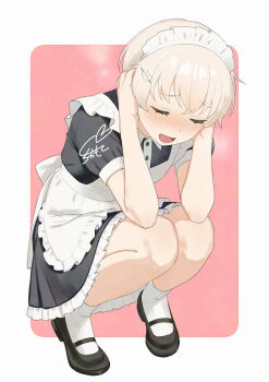 1girl :d adversarial_noise alternate_costume apron black_dress black_shoes blonde_hair blush border cat_hair_ornament closed_eyes collared_dress commentary_request contrast_collar covering_own_ears crossed_bangs dress embarrassed english_text enmaided frilled_apron frilled_dress frills hair_between_eyes hair_ornament hairpin kantai_collection knees_up maid maid_apron maid_headdress mary_janes mixed-language_text open_mouth outside_border red_background rounded_corners sakiecho shoes short_hair short_sleeves sidelocks simple_background smile socks solid_circle_eyes solo squatting watermark white_background white_border white_socks z1_leberecht_maass_(kancolle)