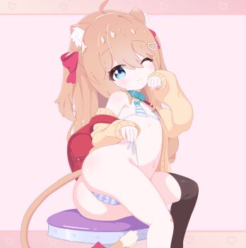 1girl :3 ;3 ahoge animal_collar animal_ear_fluff animal_ears ass backpack bag bandaid bandaid_on_knee bandaid_on_leg bikini black_thighhighs blue_bikini blue_collar blue_eyes blush bow brown_cardigan brown_hair cardigan cat_ears cat_girl cat_tail closed_mouth collar flat_chest hair_bow hair_ornament hair_ribbon heart heart_hair_ornament kneehighs light_brown_hair loli long_hair looking_at_viewer lying micro_bikini mrstanleyuoh navel neuro-sama off_shoulder on_side one_eye_closed open_cardigan open_clothes paw_pose randoseru red_bag red_ribbon ribbon side-tie_bikini_bottom single_kneehigh single_sock single_thighhigh sitting sleeves_past_wrists smile socks solo striped_bikini striped_clothes swimsuit tail tail_bow tail_ornament tail_ribbon thighhighs two_side_up vedal_ai virtual_youtuber yellow_cardigan