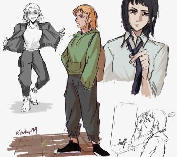 Rule 34 | bleached hair, blonde hair, chainsaw man, green hoodie, hands in pockets, highres, hood, hooded sweater, hoodie, multicolored hair, necktie, pants, roots (hair), sawatari akane (chainsaw man), shirt, sidelocks, slit pupils, sweater, track pants, tsukuyo 90929, two-tone hair