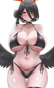1girl absurdres bikini black_bikini black_hair black_wings blue_archive blush breasts closed_mouth commentary_request hair_between_eyes halo hasumi_(blue_archive) hasumi_(swimsuit)_(blue_archive) highres large_breasts looking_at_viewer navel official_alternate_costume red_eyes red_halo solo swimsuit thighs wachikumori wings