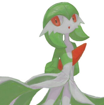 1girl arms_behind_back bad_id bad_pixiv_id bob_cut butter_(oshi8kyoumoh) colored_skin cowboy_shot female_focus flat_chest gardevoir gen_3_pokemon green_hair green_skin hair_between_eyes happy holding_own_arm looking_afar looking_to_the_side multicolored_skin nintendo open_mouth pokemon pokemon_(creature) red_eyes short_hair sideways_glance simple_background smile solo standing two-tone_skin white_background white_skin
