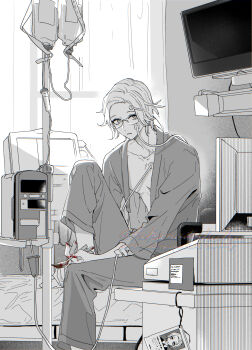 1boy aotsuki_eito barefoot bed blood blood_bag blood_on_fork blood_on_hands computer curtains foot_out_of_frame fork glasses highres hikarudaihuku holding holding_fork hospital hospital_bed hospital_gown id_card indoors intravenous_drip iv_stand leg_up looking_at_viewer male_focus monitor monochrome no_shirt parted_lips short_hair solo spot_color syringe television the_hundred_line_-last_defense_academy- twitter_username watermark window