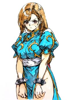 1girl absurdres angry blue_dress bracelet capcom chinese_clothes chun-li chun-li_(cosplay) commentary cosplay dress final_fantasy final_fantasy_vii graphite_(medium) groin high_collar highres i4teruz jewelry long_hair looking_at_viewer no_panties pelvic_curtain puffy_short_sleeves puffy_sleeves sash short_sleeves simple_background sketch solo spiked_bracelet spikes street_fighter sweatdrop tifa_lockhart traditional_media