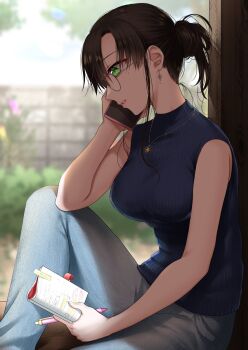 Rule 34 | 1girl, artist request, breasts, brown hair, denim, earrings, glasses, green eyes, hair up, holding, holding phone, jewelry, mole, mole under eye, necklace, notepad, original, pen, phone, ribbed sweater, sitting, sleeveless, sweater