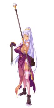 1girl absurdres arrow bibyo blue_eyes boots bow_(weapon) breasts china_dress chinese_clothes cleavage cleavage_cutout clothing_cutout dark_skin dark-skinned_female detached_sleeves dress female_focus full_body hands_on_own_hips highres hikage_eiji holding holding_bow_(weapon) holding_weapon koihime_musou kougai_(koihime_musou) large_breasts light_purple_hair long_hair looking_at_viewer mole mole_under_mouth official_art pelvic_curtain ponytail shin_koihime_musou sidelocks silver_hair sleeveless smile solo standing thighhighs transparent_background very_long_hair weapon